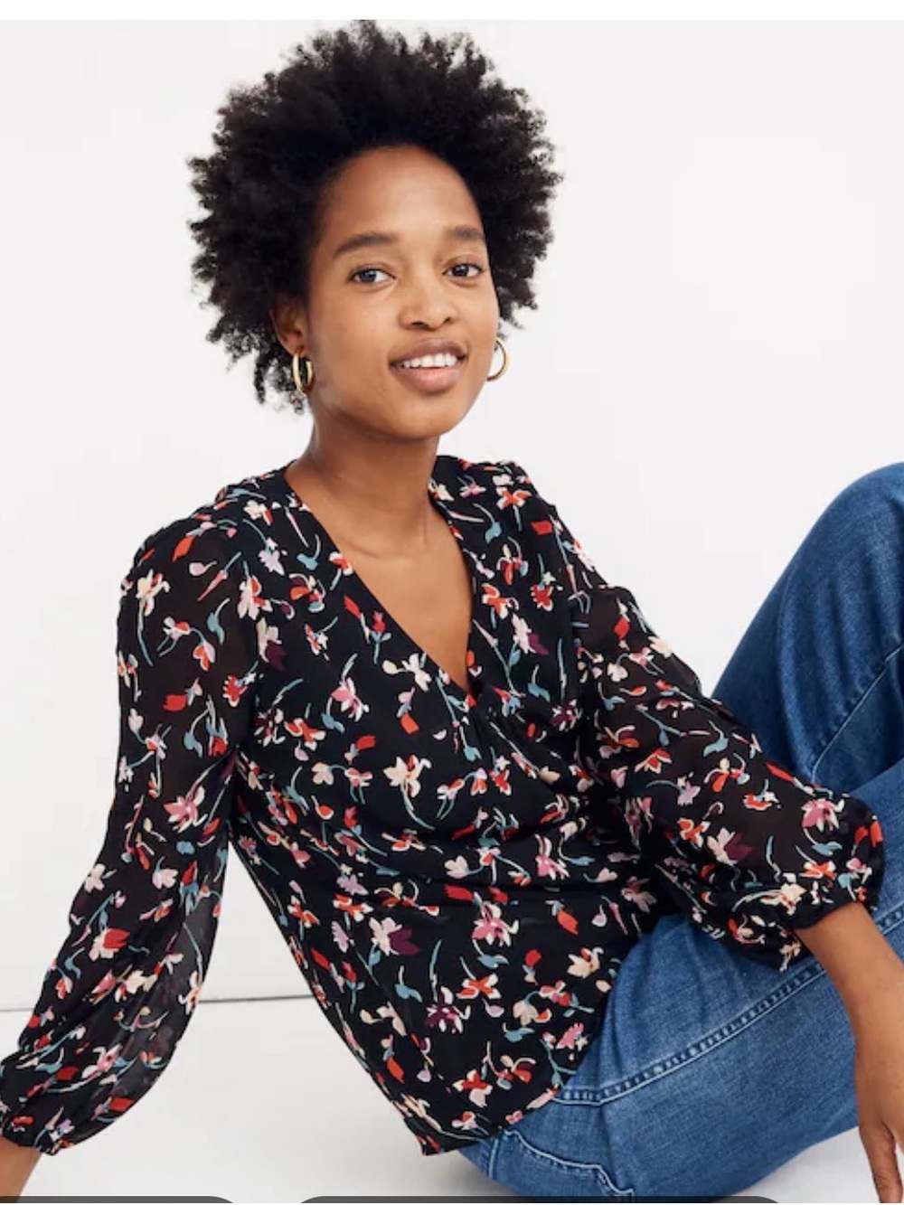 Madewell Shirred-Sleeve V-Neck Top in Drifting Flowers Black Floral Medium